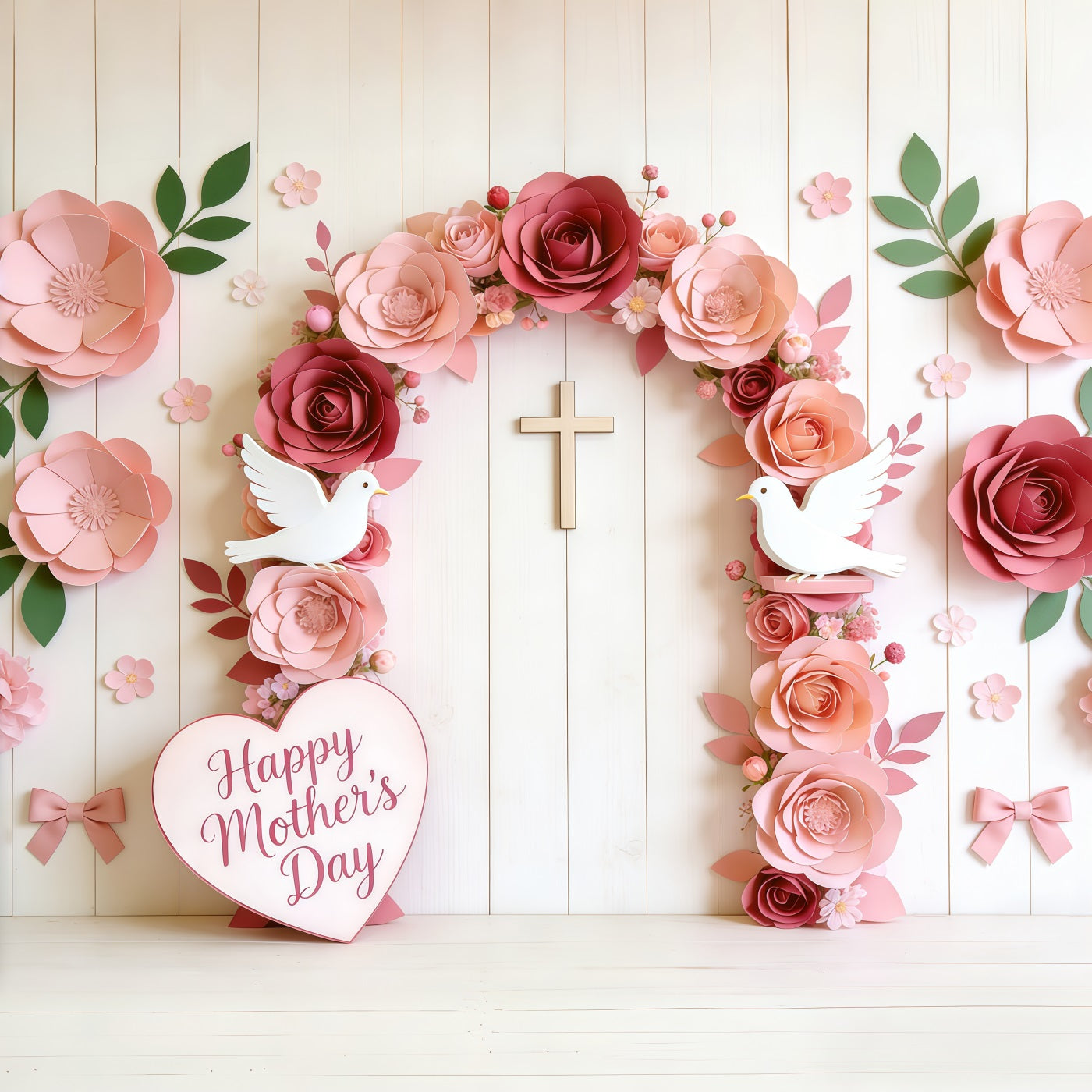 Mother's Day Church Backdrop Paper Rose Dove Cross Arch Mother's Day Photography Backdrops CSH63-102