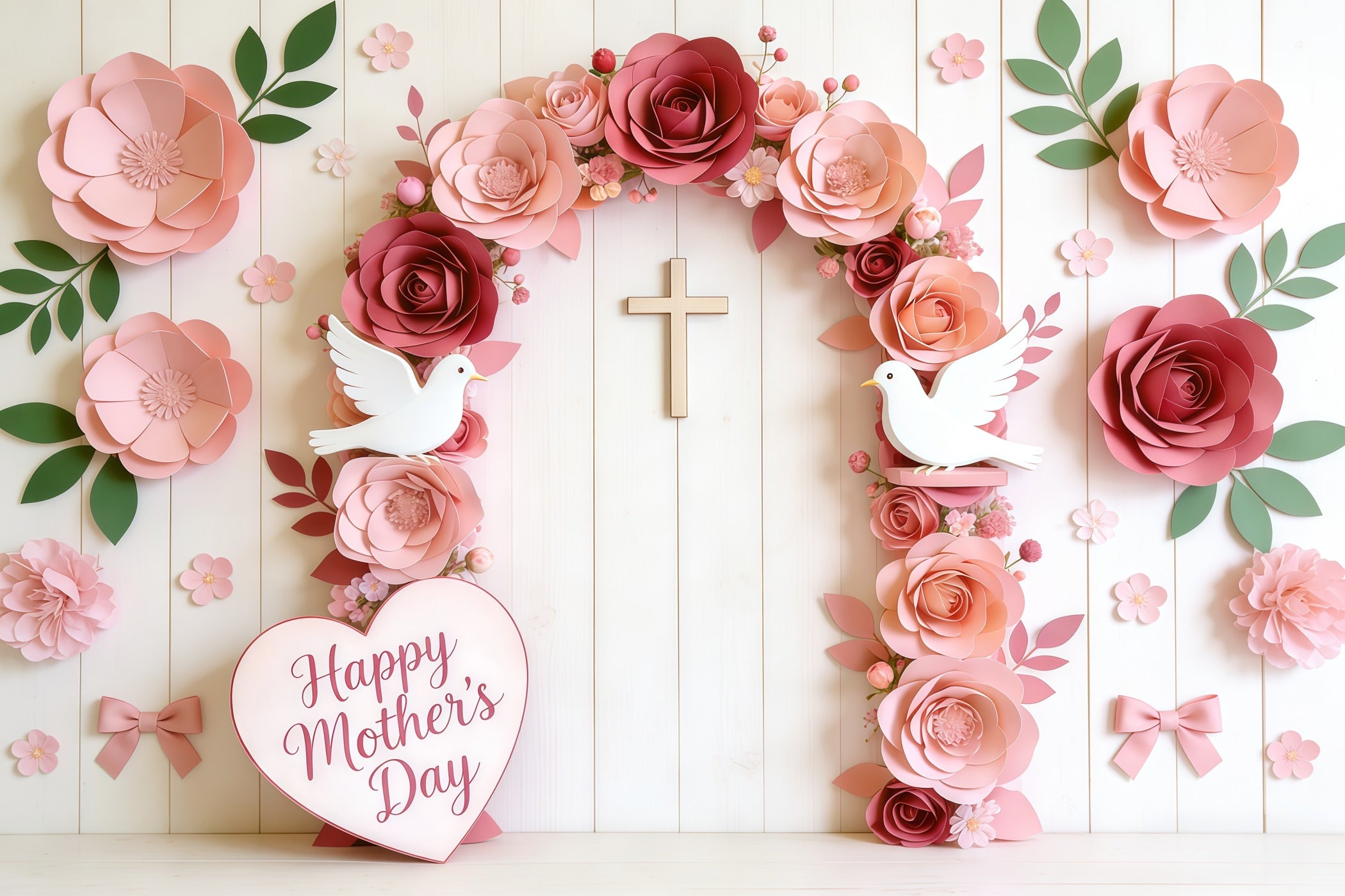 Mother's Day Church Backdrop Paper Rose Dove Cross Arch Mother's Day Photography Backdrops CSH63-102