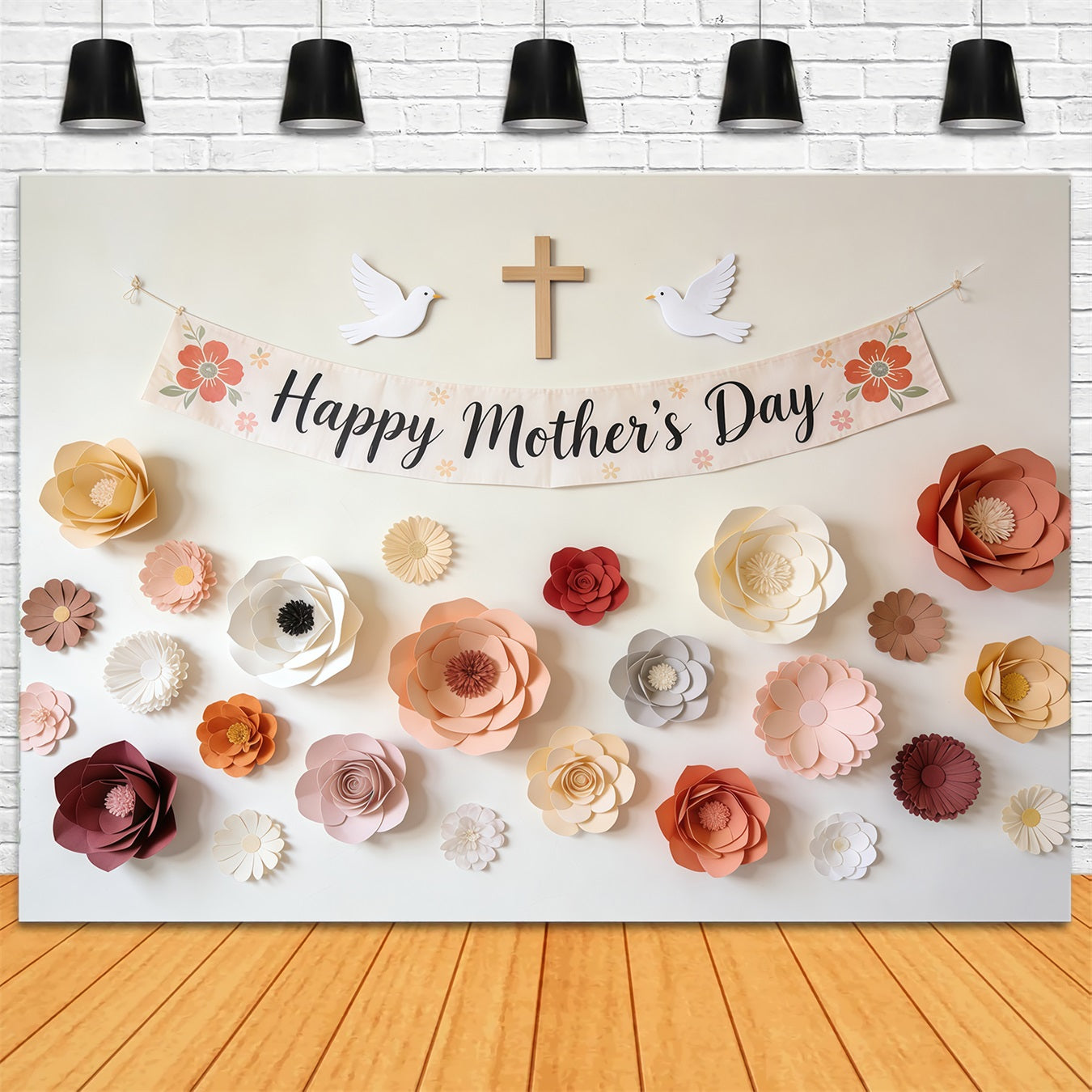 Mother's Day Church Backdrop Paper Flower Banner Dove Cross Mother's Day Photography Backdrops CSH63-103