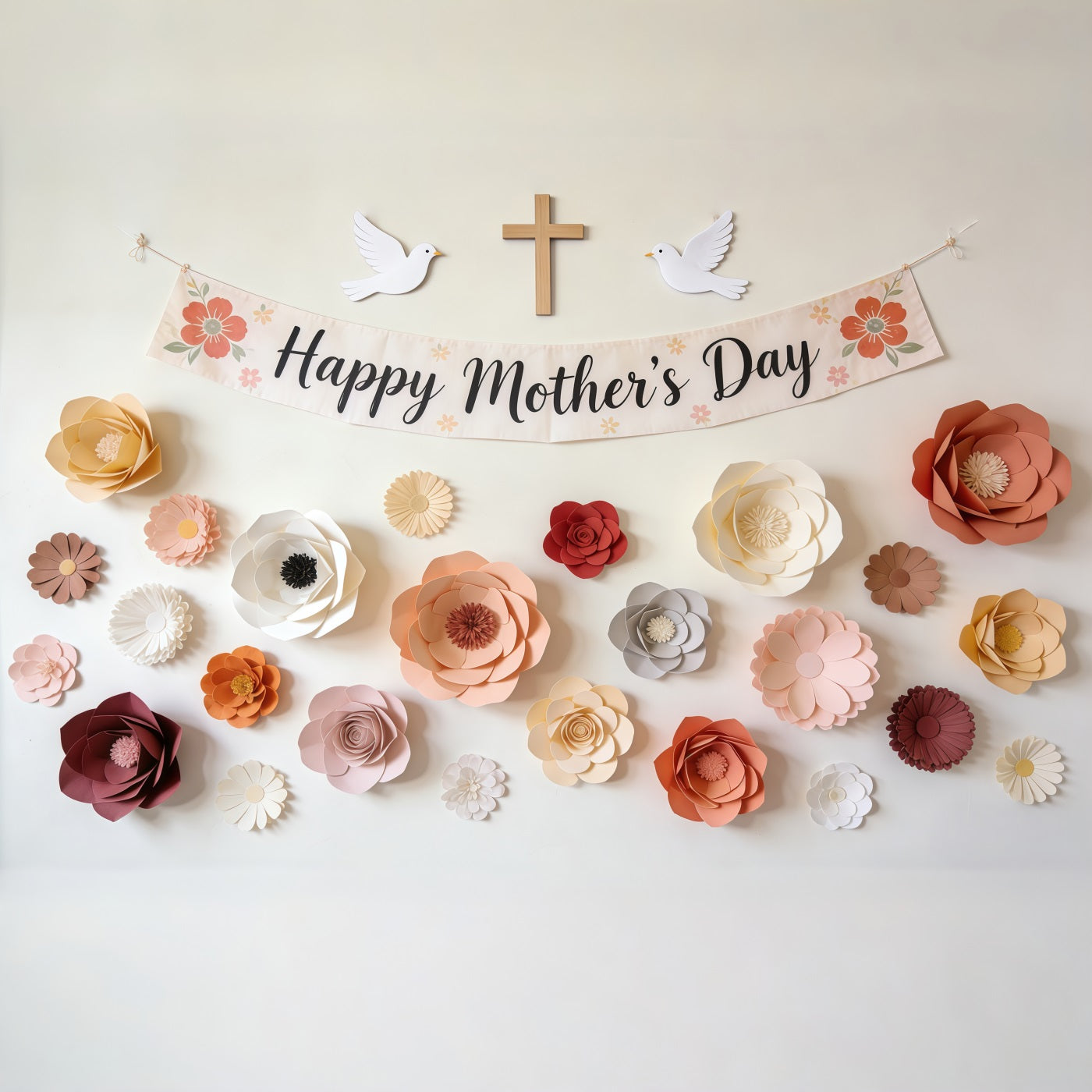 Mother's Day Church Backdrop Paper Flower Banner Dove Cross Mother's Day Photography Backdrops CSH63-103