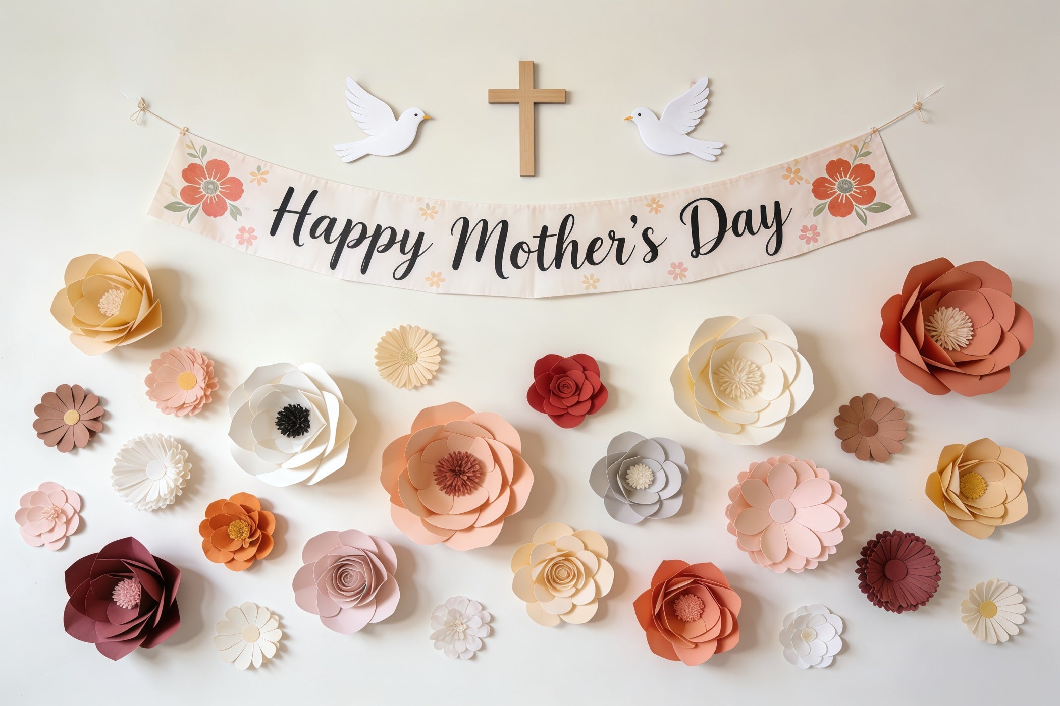 Mother's Day Church Backdrop Paper Flower Banner Dove Cross Mother's Day Photography Backdrops CSH63-103