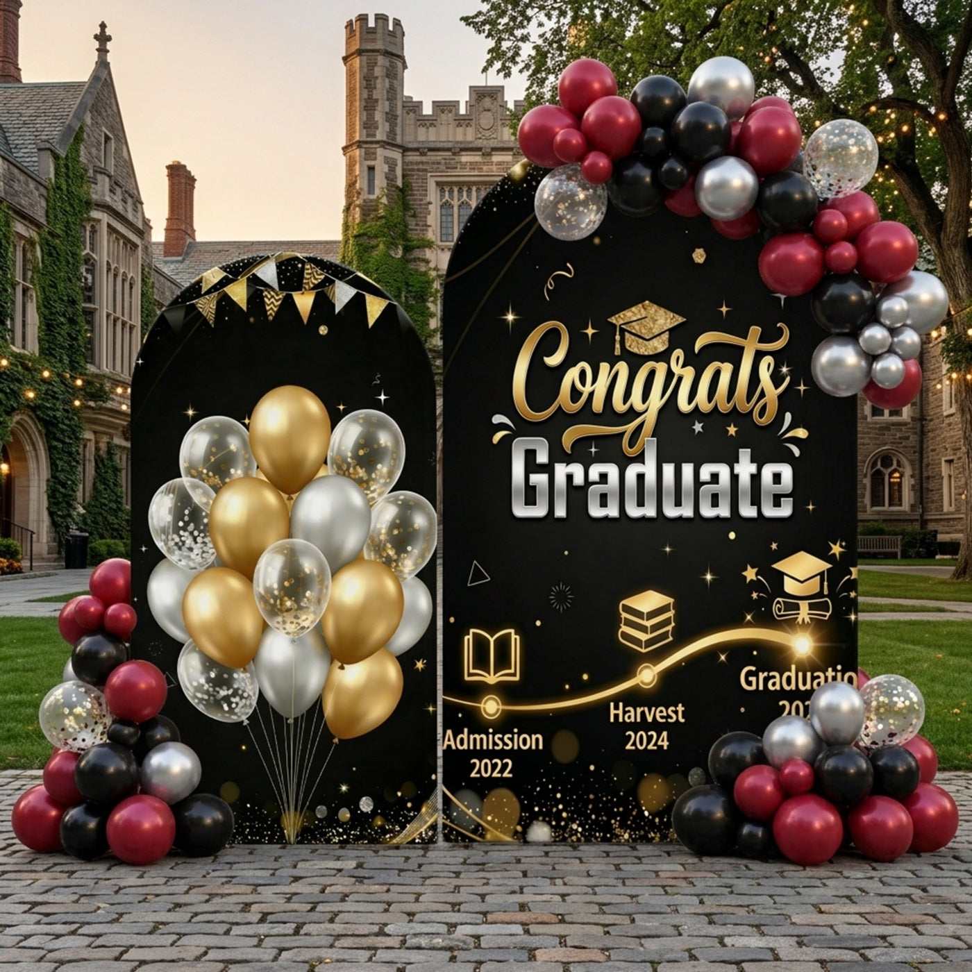 Graduation Balloon Backdrop Black Gold Glitter Timeline Arch Graduatio