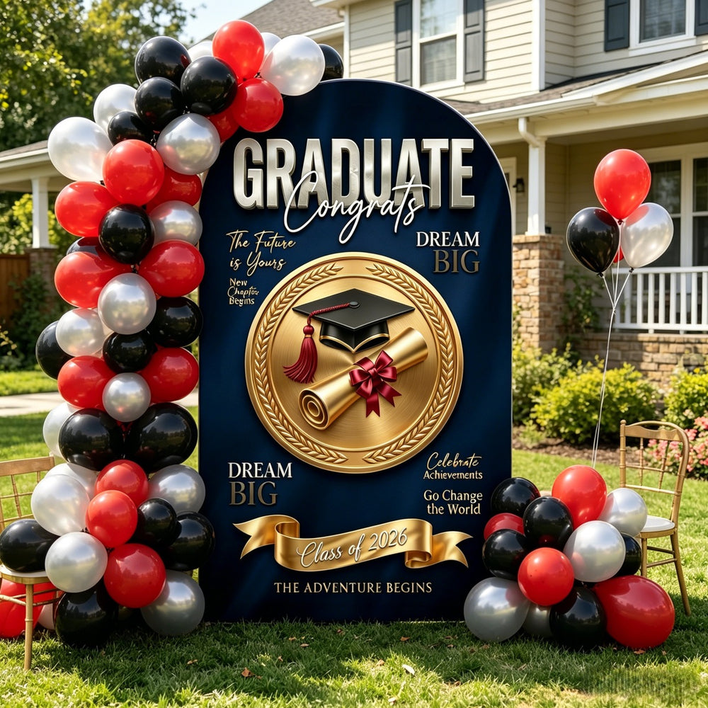Blue Graduation Backdrop Navy Gold Medal Diploma Arch Graduation Photo