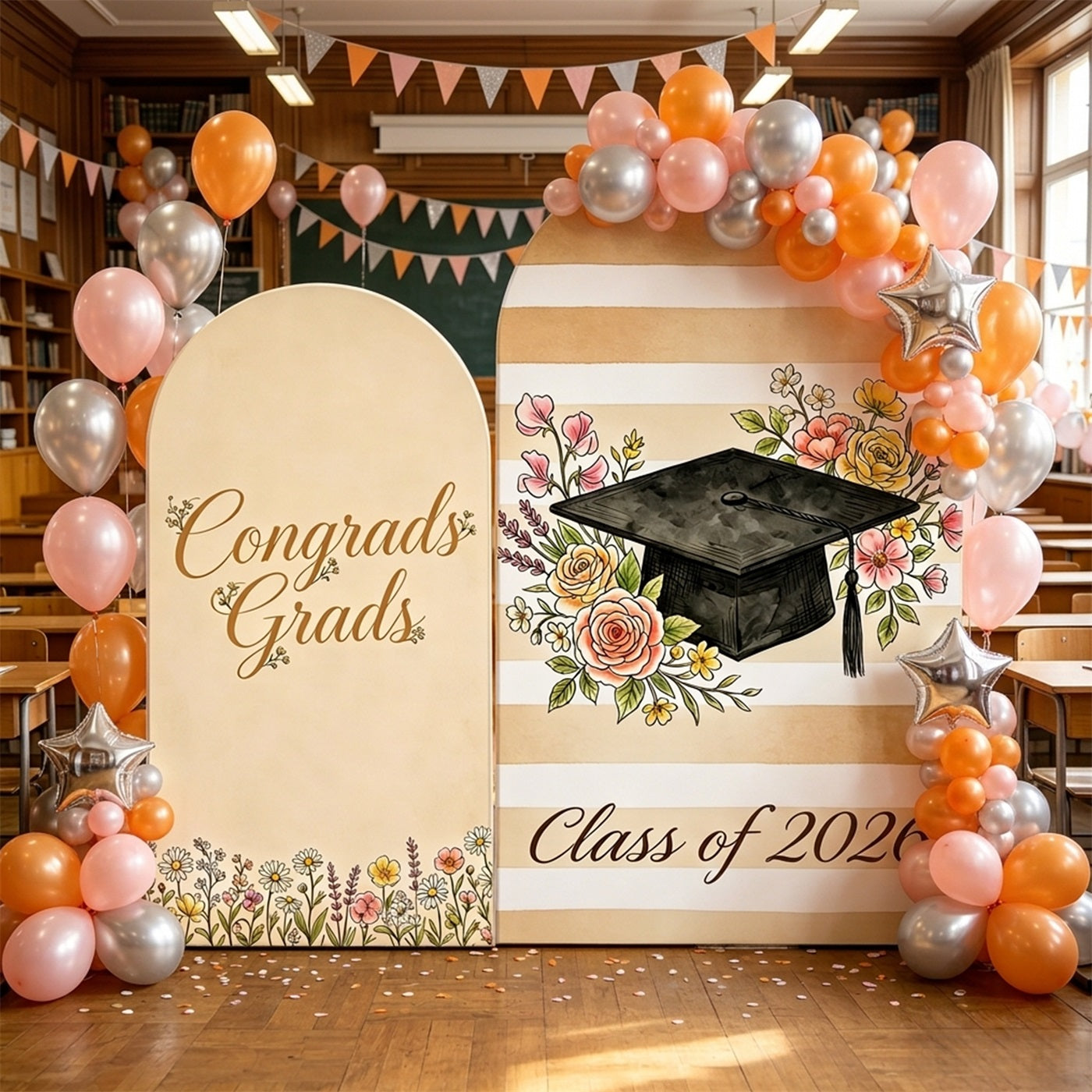 Floral Graduation Backdrop Beige Floral Striped 2026 Arch Graduation Backdrops CSH63-108