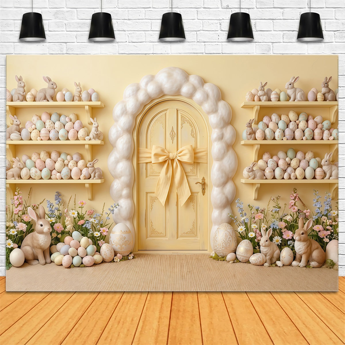 Egg Backdrop Yellow Door Wall Bunny Egg Shelves Easter Backdrop For Pictures CSH63-11