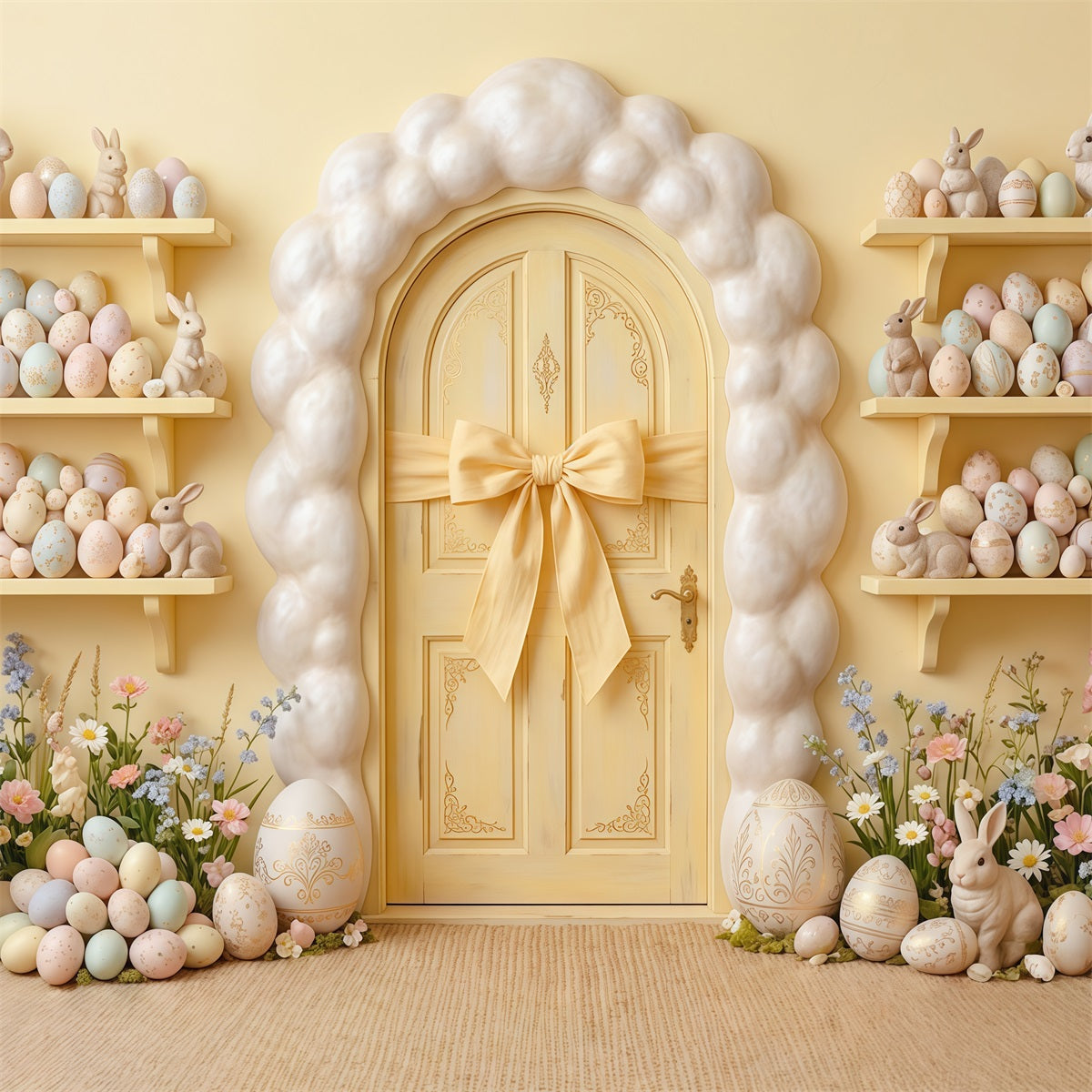 Egg Backdrop Yellow Door Wall Bunny Egg Shelves Easter Backdrop For Pictures CSH63-11
