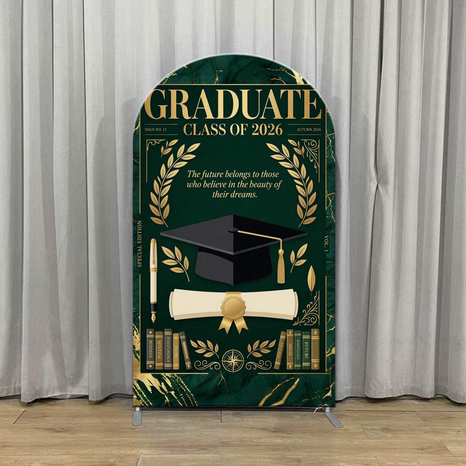 College Graduation Backdrop Green Gold Marble Magazine Arch Backdrop For Graduation Party CSH63-114