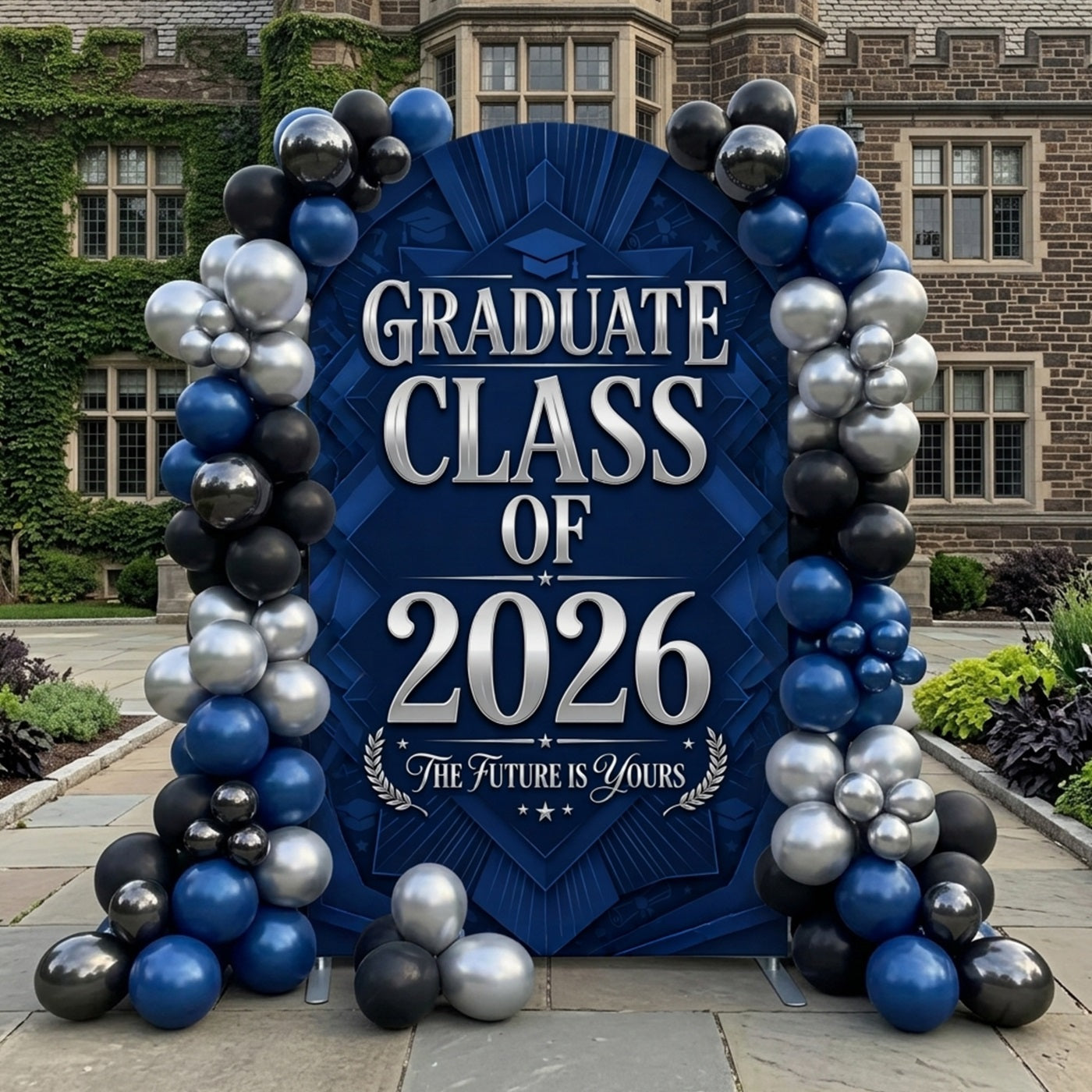 Navy Blue Graduation Backdrop Navy Silver Geometric 2026 Arch Graduation Picture Backdrop CSH63-115