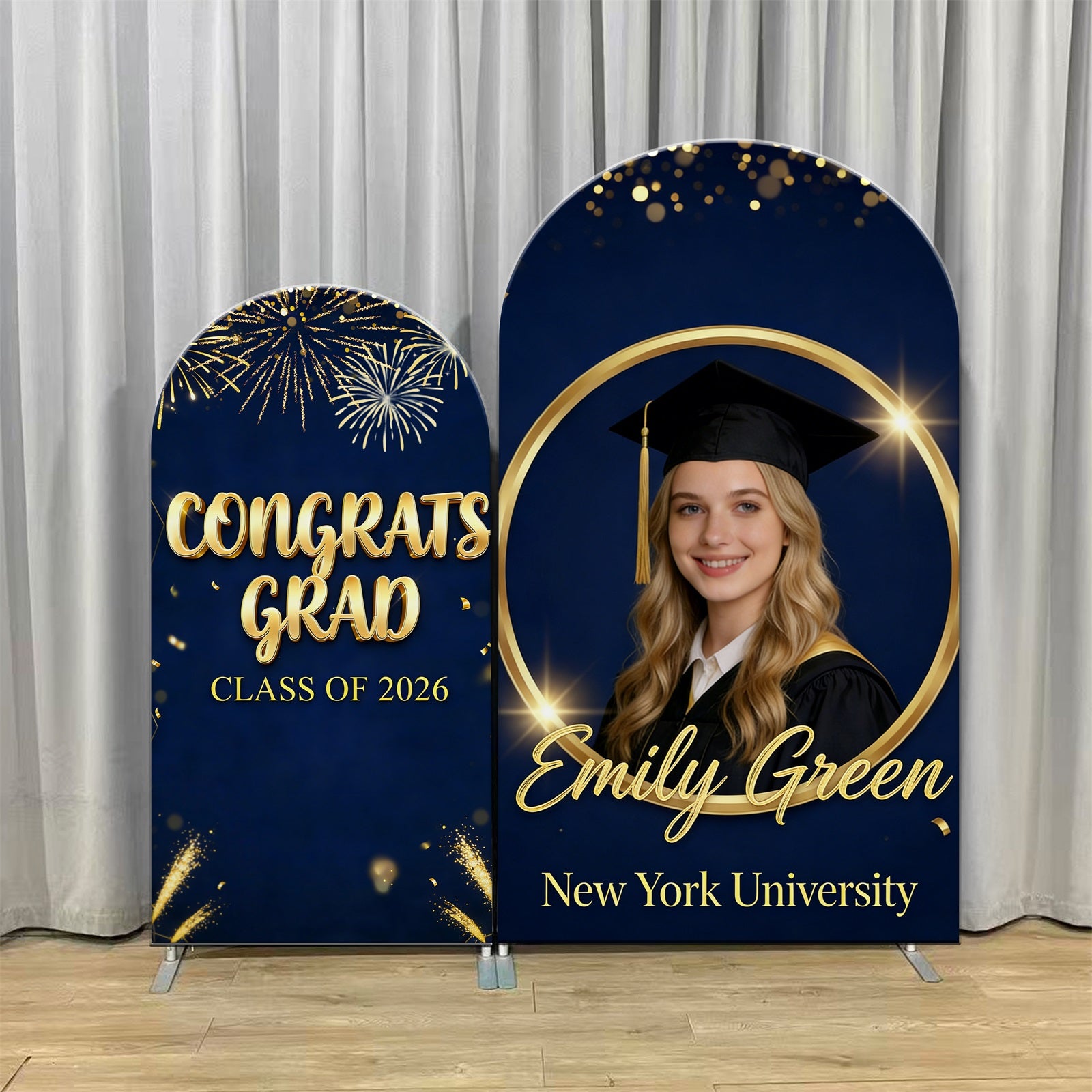 Graduation Backdrop Blue Navy Gold Firework Double Arch Backdrop For Graduation CSH63-116