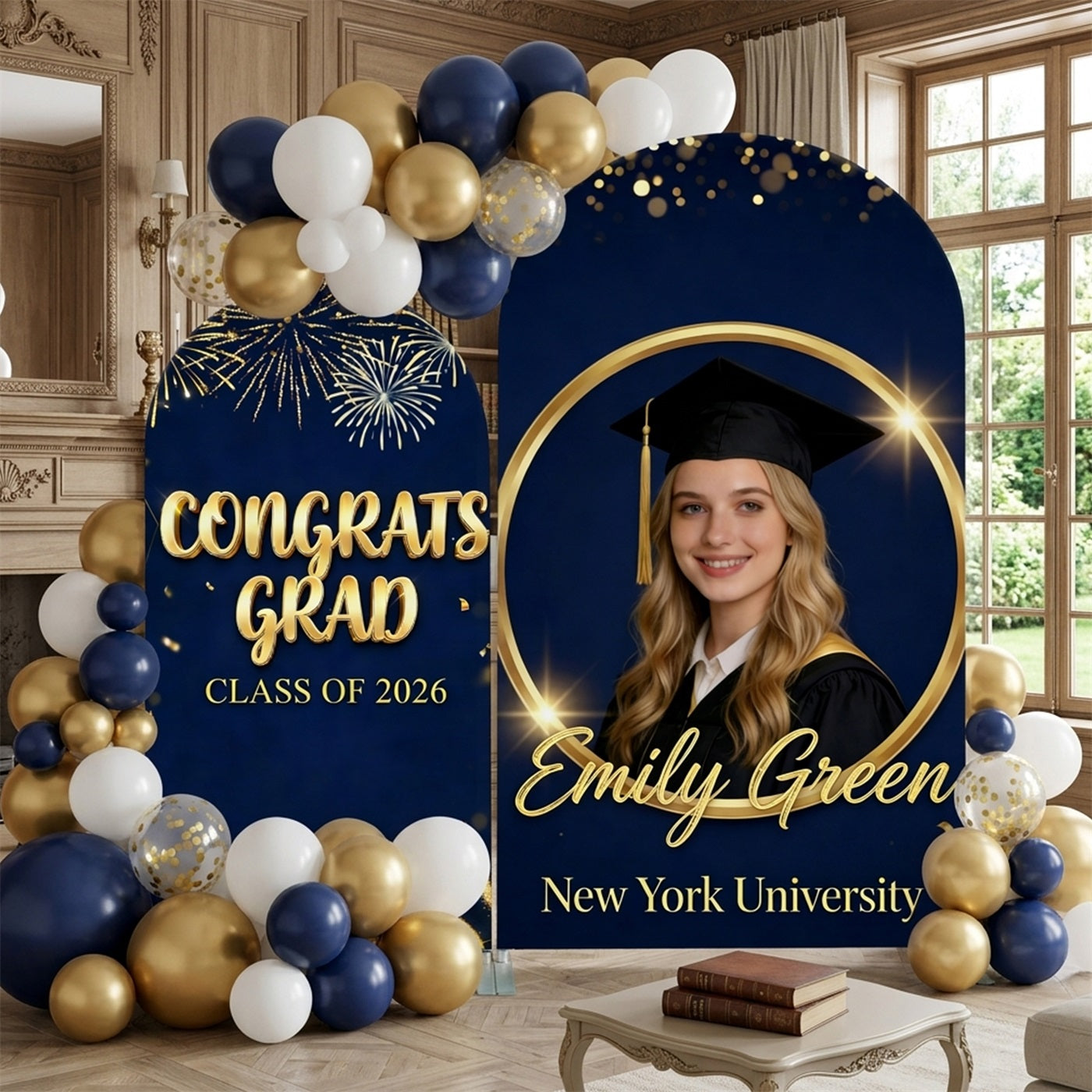 Graduation Backdrop Blue Navy Gold Firework Double Arch Backdrop For Graduation CSH63-116