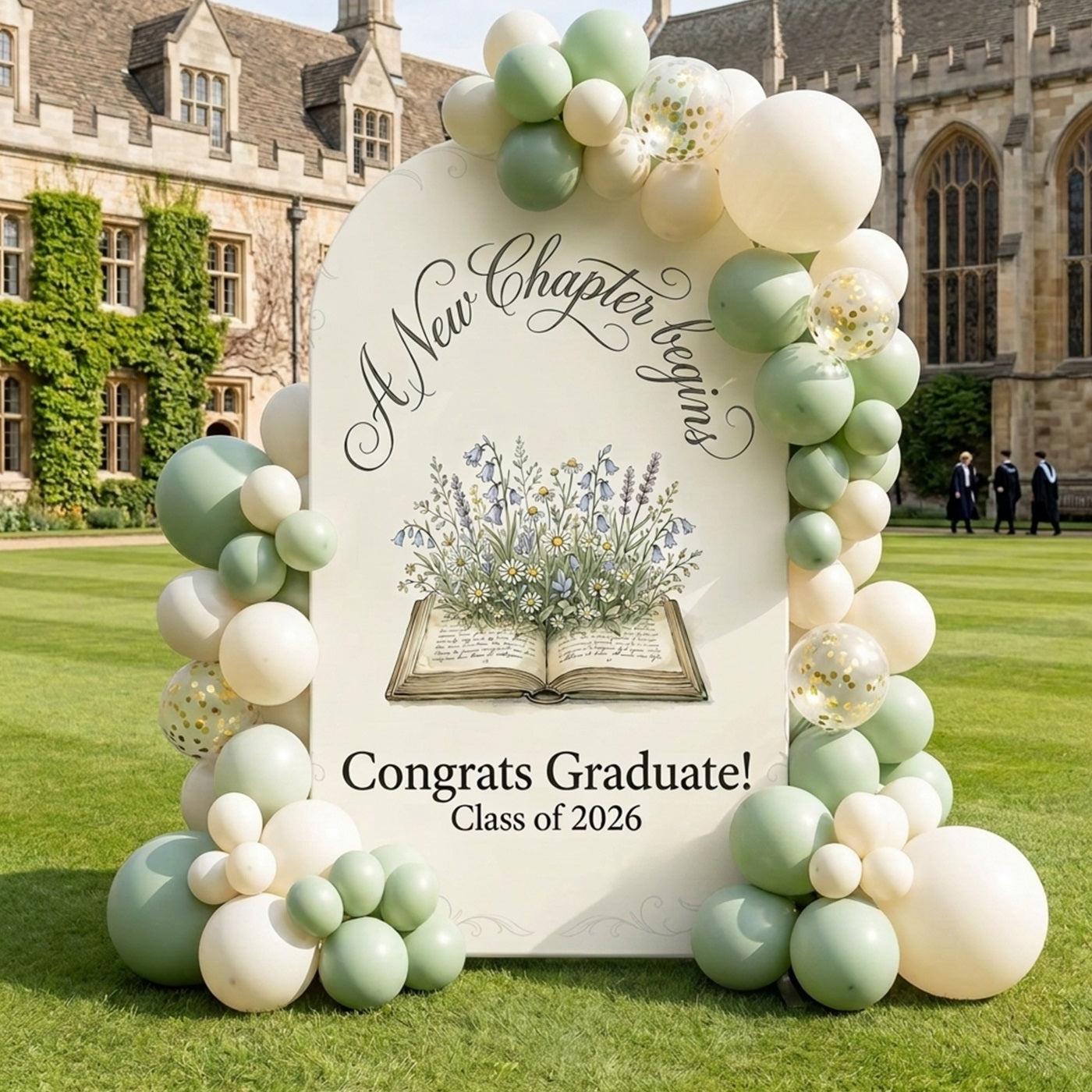 Graduation Book Backdrop White Floral Book New Chapter Arch Graduation