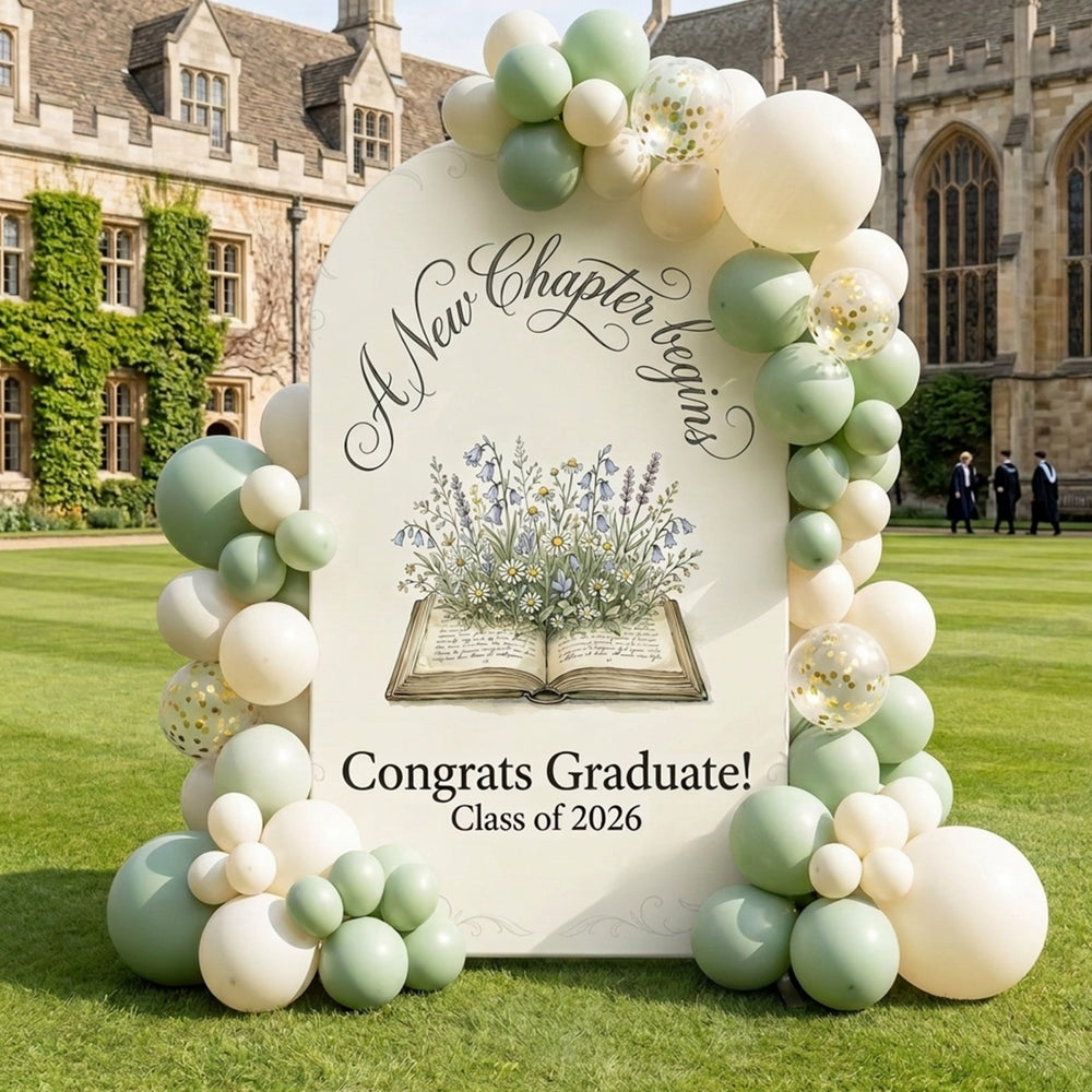 Graduation Book Backdrop White Floral Book New Chapter Arch Graduation