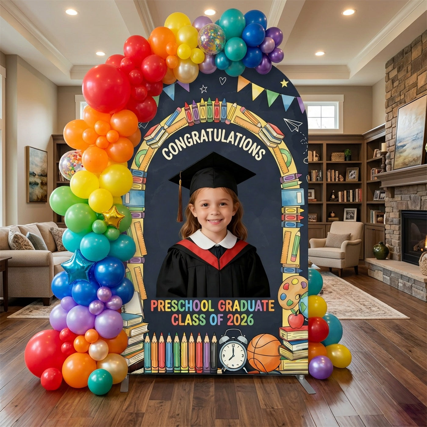 Prek Graduation Backdrop Colorful School Supply Arch Graduation Backdrop Design CSH63-119