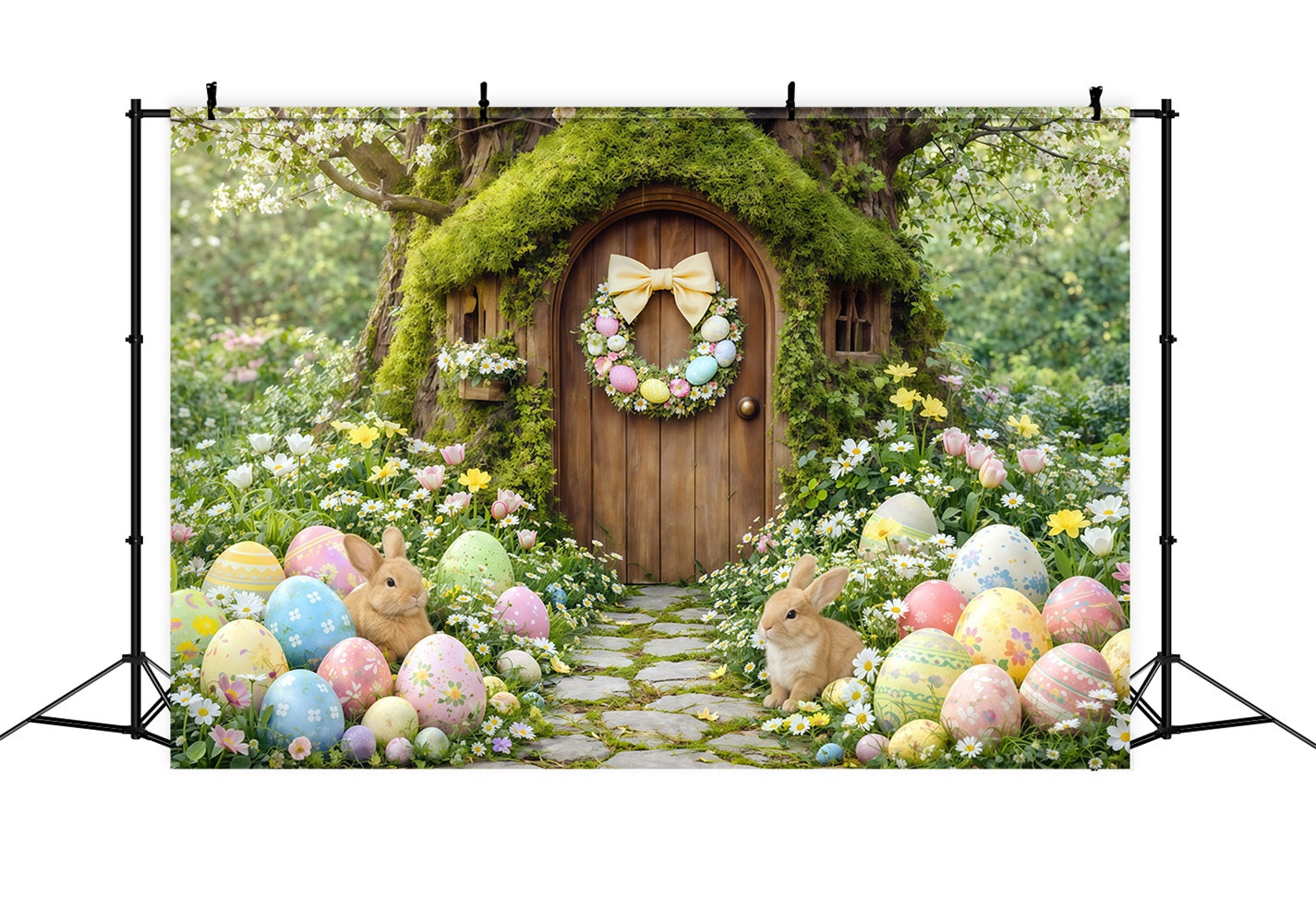 Easter Woodland Path Backdrop Forest Bunny Cottage Painted Eggs Happy Easter Backdrop CSH63-12