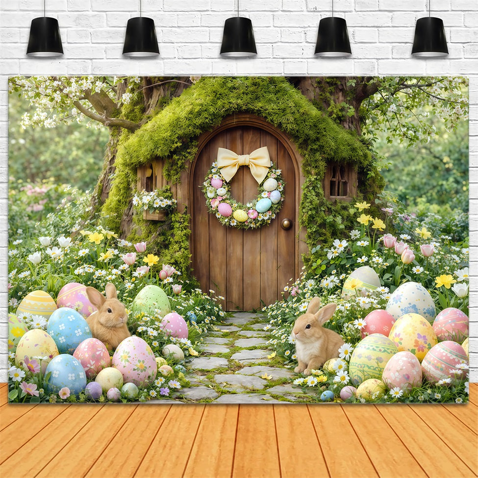Easter Woodland Path Backdrop Forest Bunny Cottage Painted Eggs Happy Easter Backdrop CSH63-12