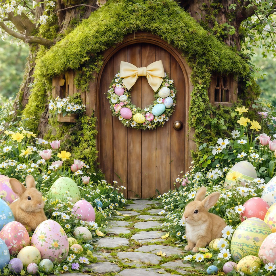 Easter Woodland Path Backdrop Forest Bunny Cottage Painted Eggs Happy Easter Backdrop CSH63-12