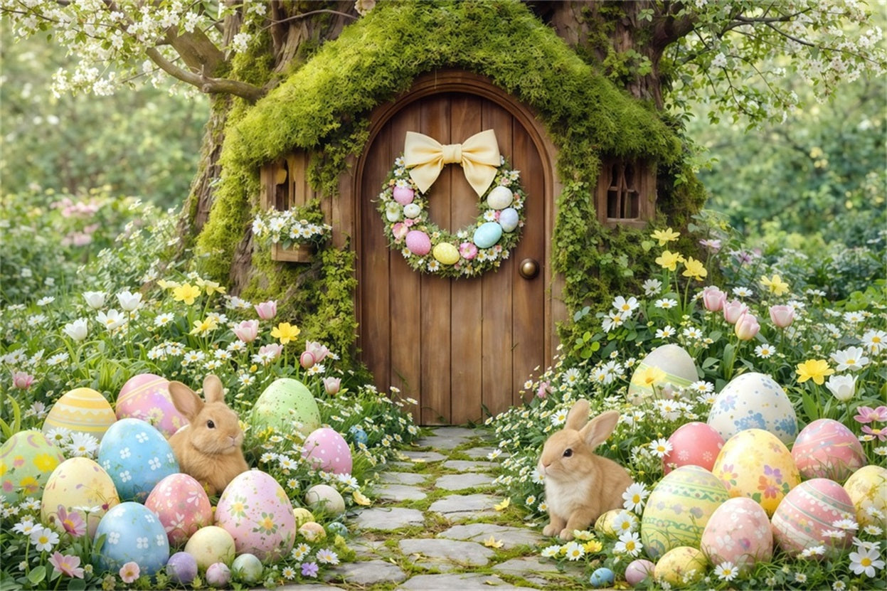 Easter Woodland Path Backdrop Forest Bunny Cottage Painted Eggs Happy