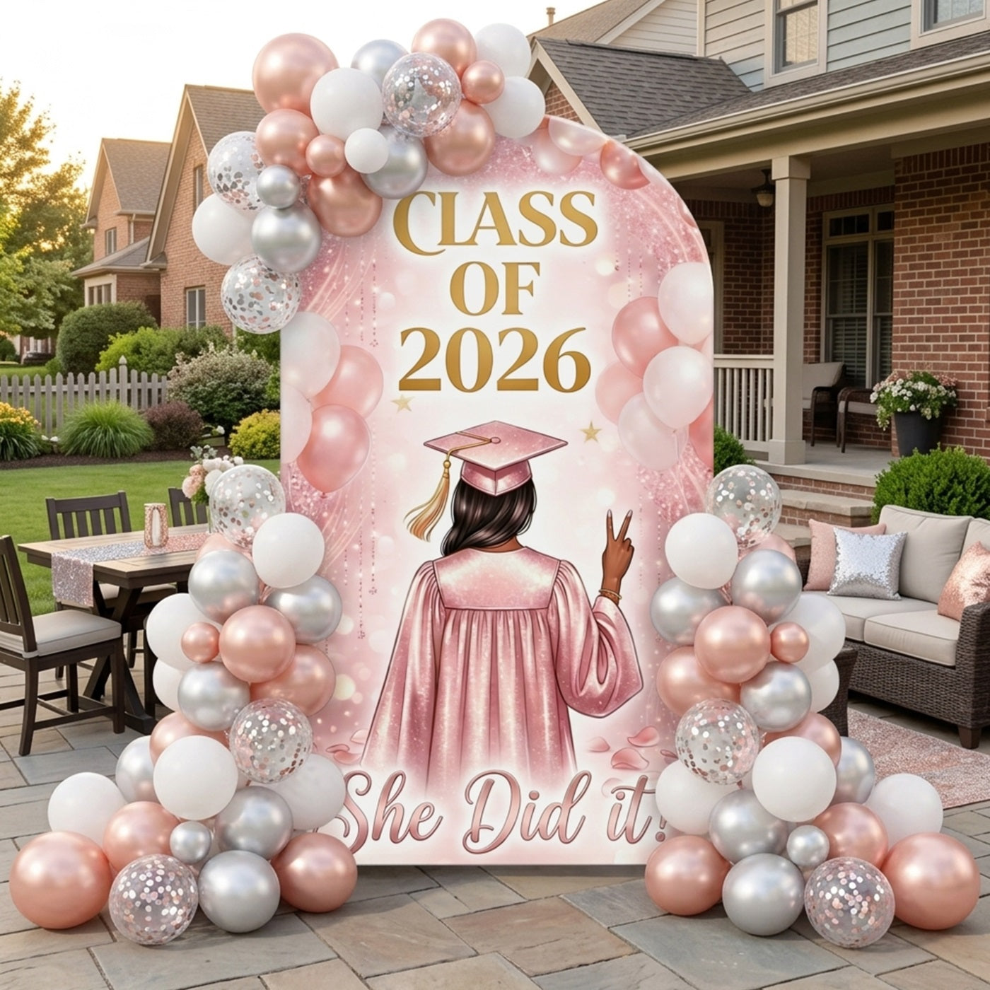 High School Graduation Backdrop Ideas Pink Glitter Balloon Arch Graduation Backdrop With Stand CSH63-120