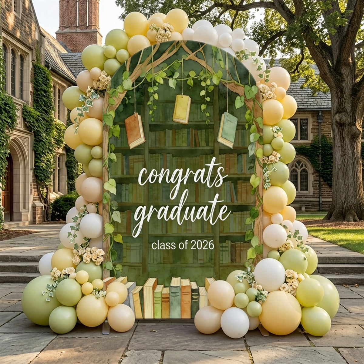 Library Backdrop Graduation Green Bookshelf Botanical Arch Backdrops For Graduation Party CSH63-123