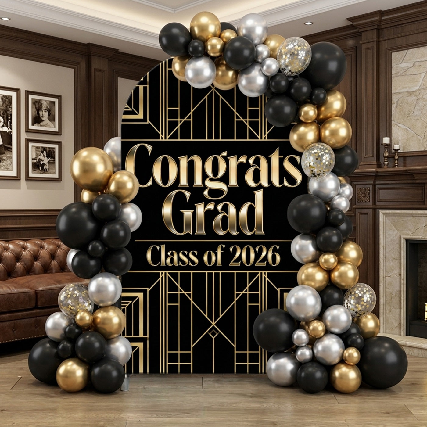 Elegant Graduation Backdrop Black Gold Art Decor Arch Graduation Backdrops For Photos CSH63-125