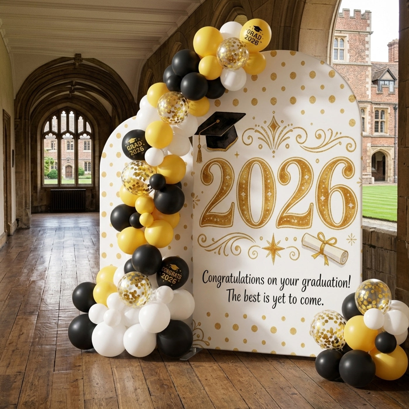 White Graduation Backdrop White Gold Polka Dot 2026 Arch Photo Backdrop Graduation CSH63-126