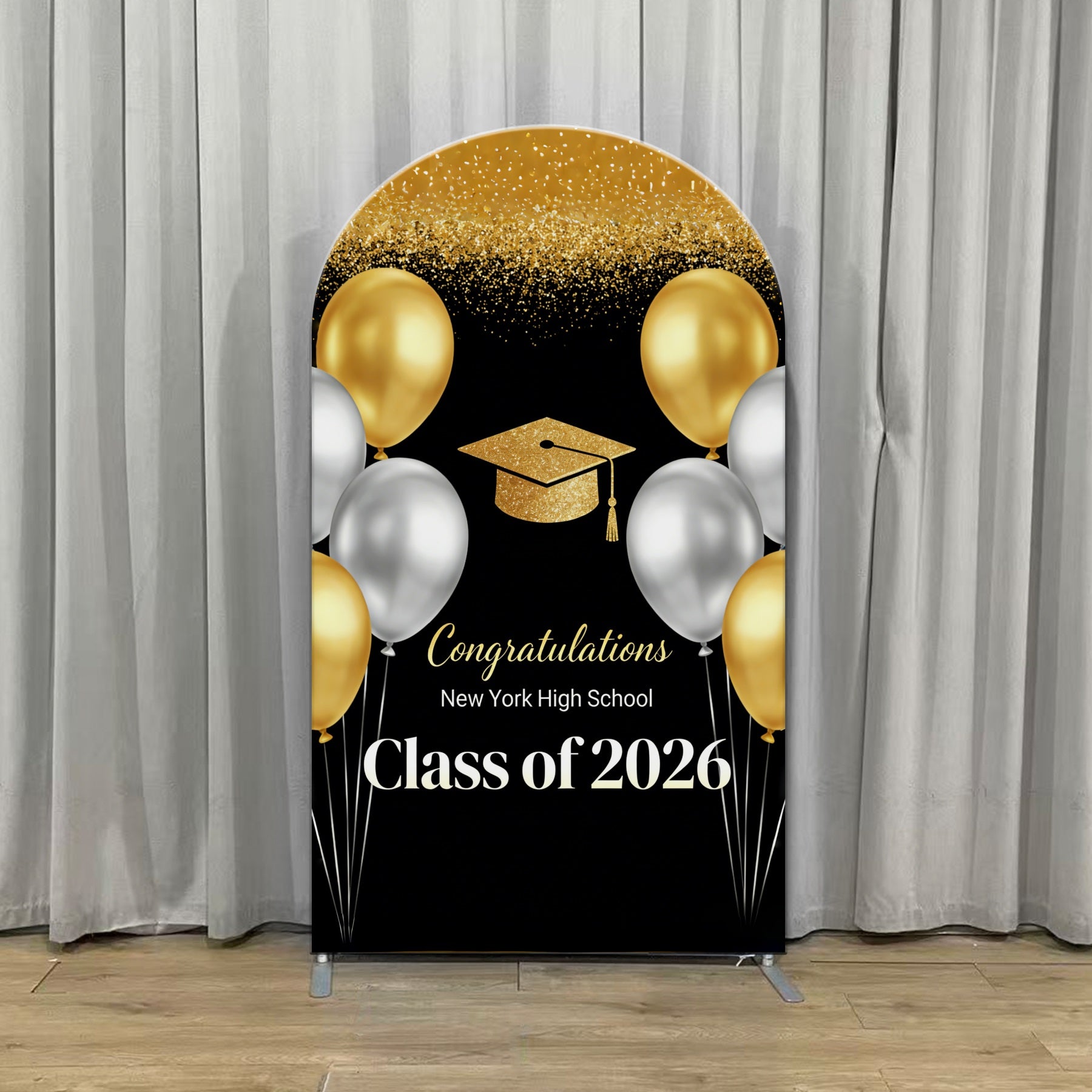 Minimalist Graduation Graduation Backdrop Black Gold Silver Balloon Arch Graduation Party Photo Backdrop CSH63-128