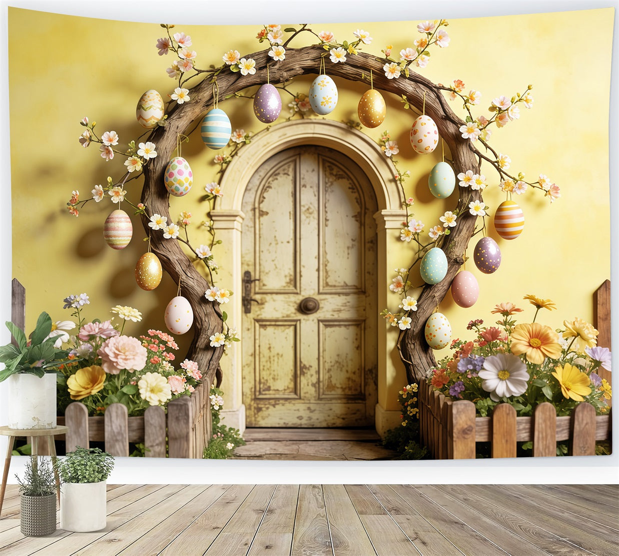 Easter Rustic Backdrop Egg Blossom Wooden Door Arch Easter Backdrops For Pictures CSH63-13