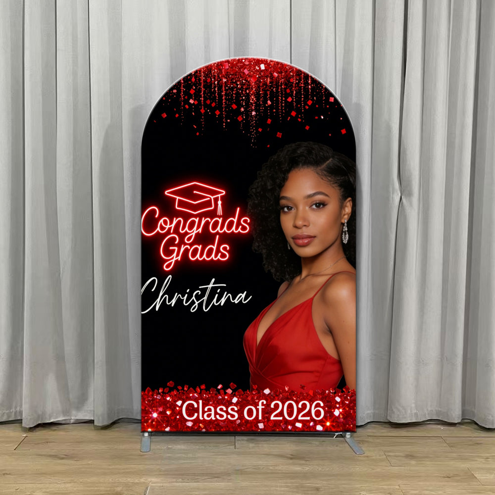 Neon Sign Grad Graduation Backdrop Red Neon Text Glitter Arch Graduati