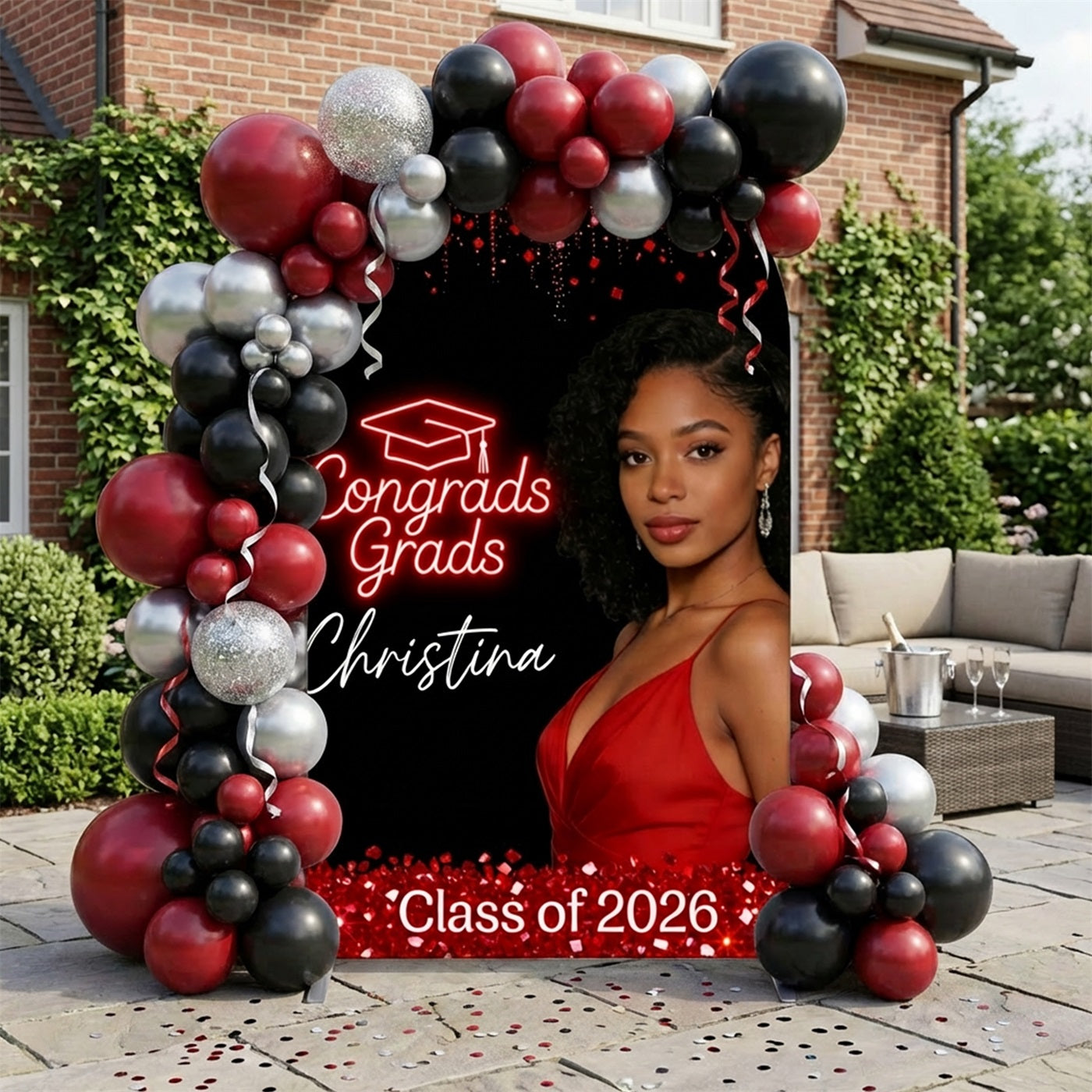 Neon Sign Grad Graduation Backdrop Red Neon Text Glitter Arch Graduation Photography Backdrop CSH63-133
