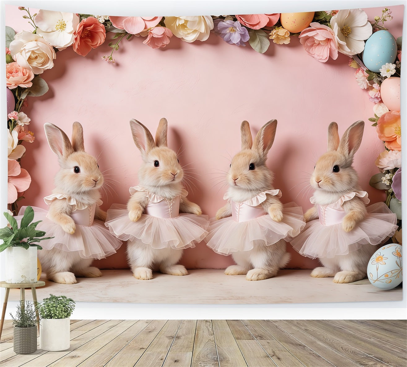 Easter Rabbit Backdrop Ballet Bunny Pink Floral Egg Frame Easter Photoshoot Backdrop CSH63-14