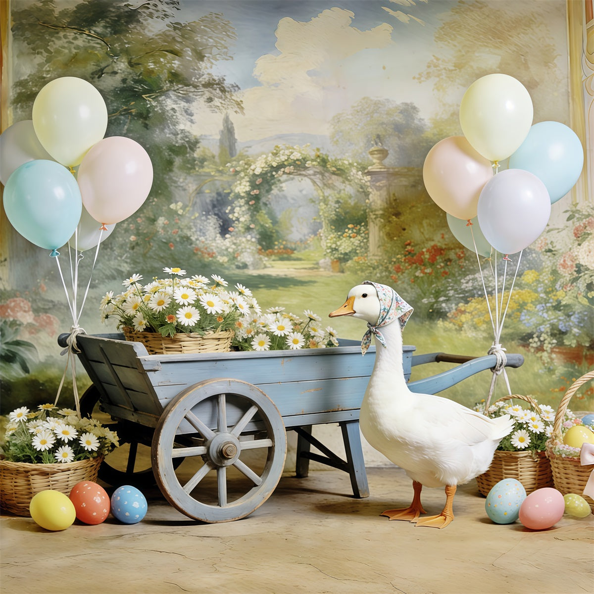 Easter Daisy Backdrop Duck Pastel Balloons Egg Easter Backdrop For Photos CSH63-15
