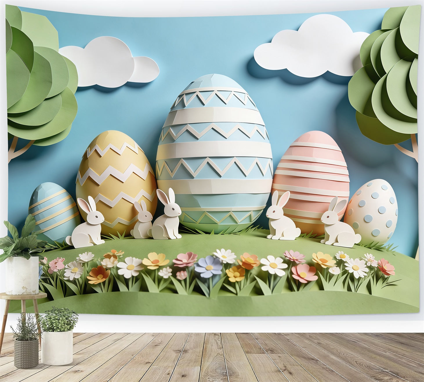 Easter Cute Backdrop Paper Craft Bunny Pastel Eggs Backdrops For Easter CSH63-18