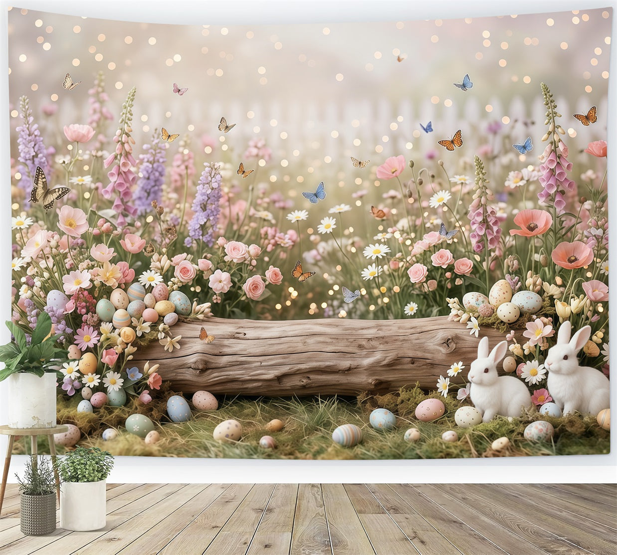 Easter Daisy Backdrop Wildflower Field Butterfly Bunny Eggs Easter Picture Backdrop CSH63-19