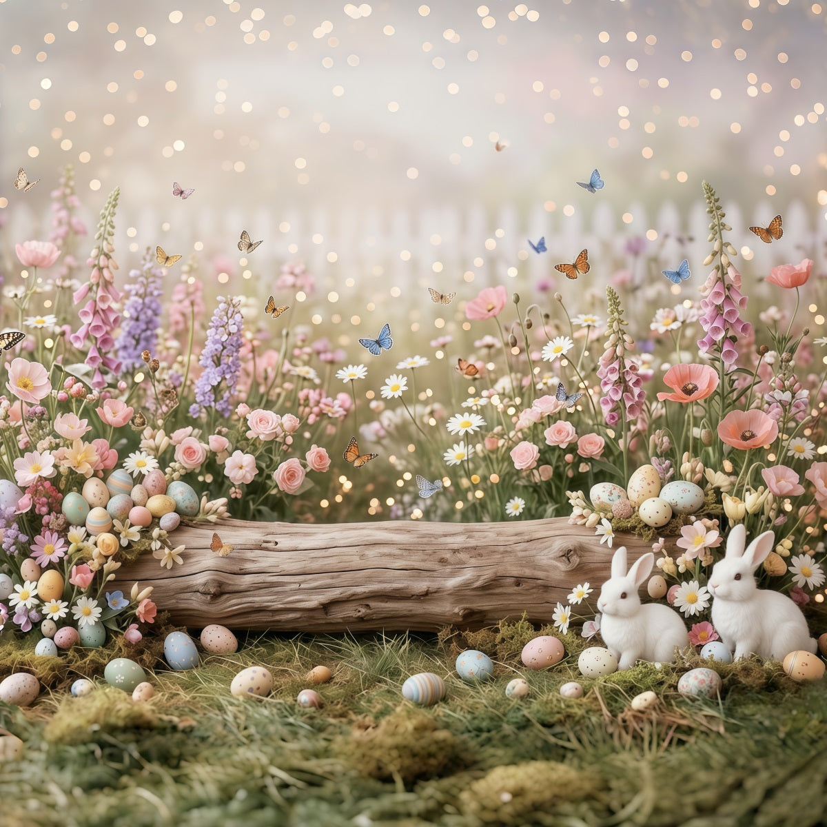 Easter Daisy Backdrop Wildflower Field Butterfly Bunny Eggs Easter Picture Backdrop CSH63-19