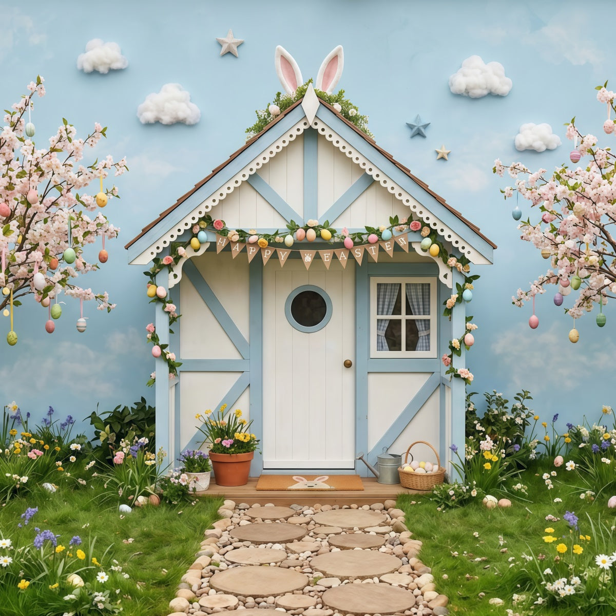 Easter Cherry Blossom Backdrop Spring Bunny Cottage Trees Easter Photo Backdrop CSH63-2
