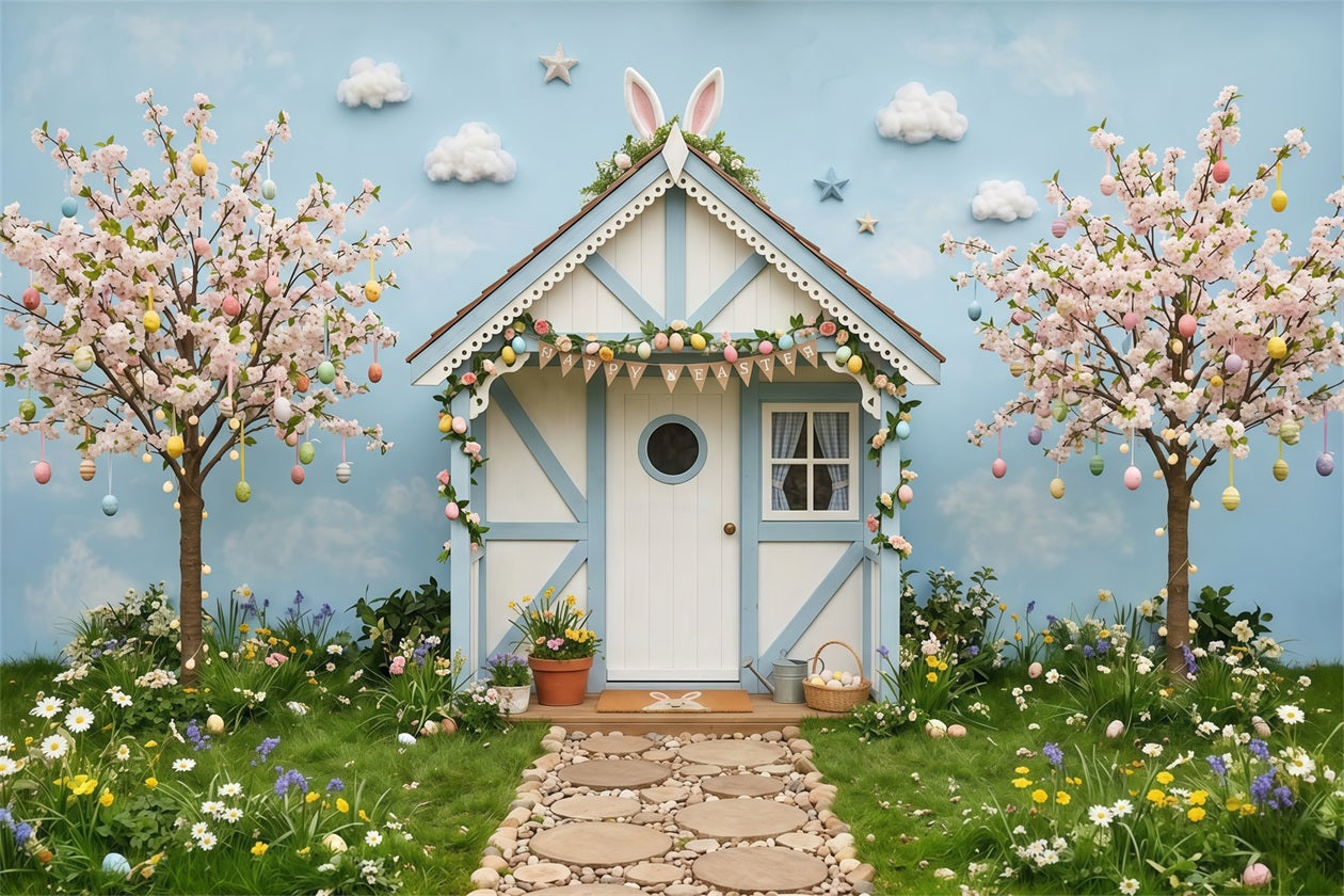 Easter Cherry Blossom Backdrop Spring Bunny Cottage Trees Easter Photo Backdrop CSH63-2