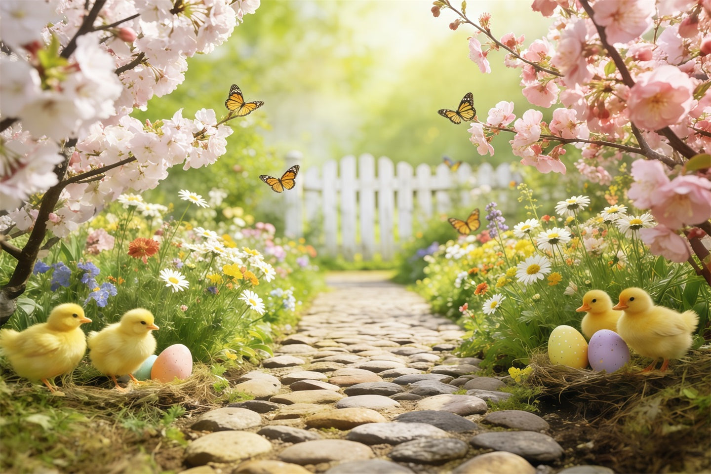 Marshmallow Chick Backdrop Cherry Blossom Garden Path Easter Photograp