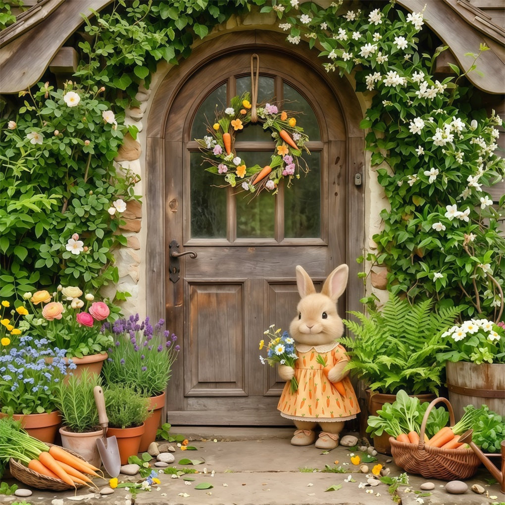 Easter Bunny Backdrop Cottage Door Flower Pots Easter Photography Backdrops For Sale CSH63-22