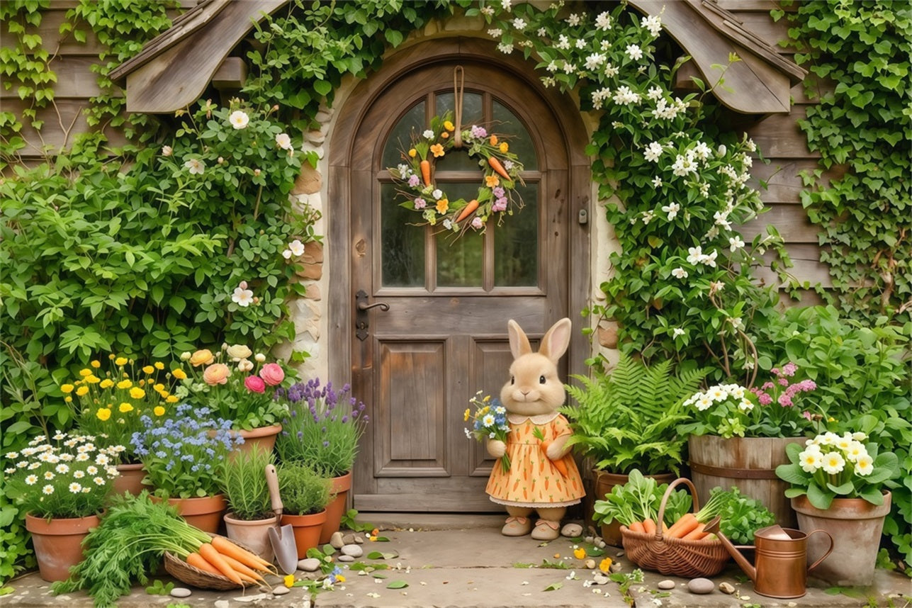 Easter Bunny Backdrop Cottage Door Flower Pots Easter Photography Backdrops For Sale CSH63-22