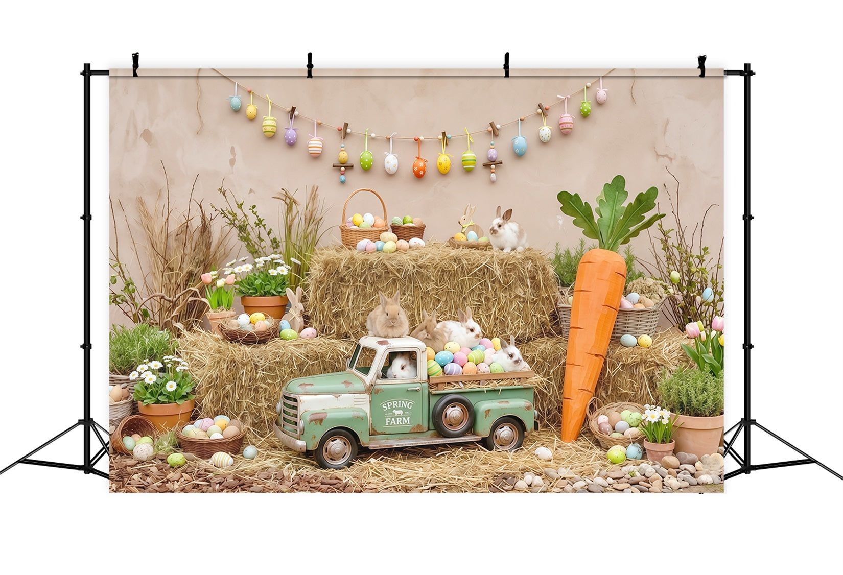 Easter Carrot Backdrop Rustic Farm Bunny Truck Hay Eggs Photo Backdrop Easter CSH63-23