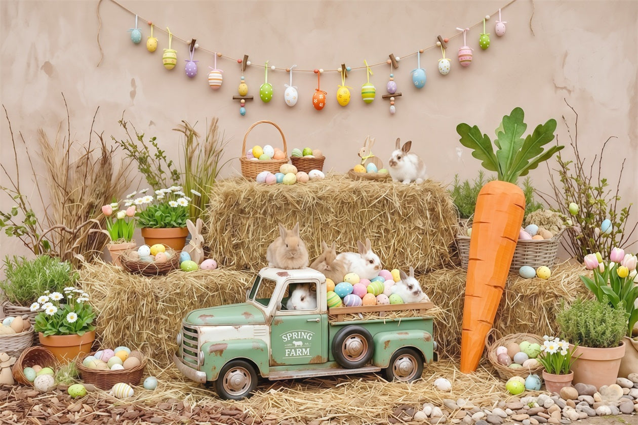 Easter Carrot Backdrop Rustic Farm Bunny Truck Hay Eggs Photo Backdrop