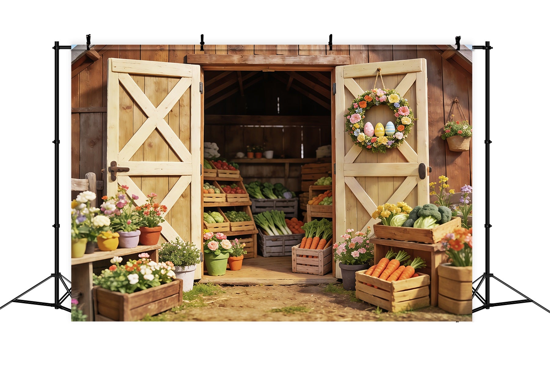Easter Farm Barn Backdrop Spring Vegetables Flower Crates Easter Backdrop For Photography CSH63-24