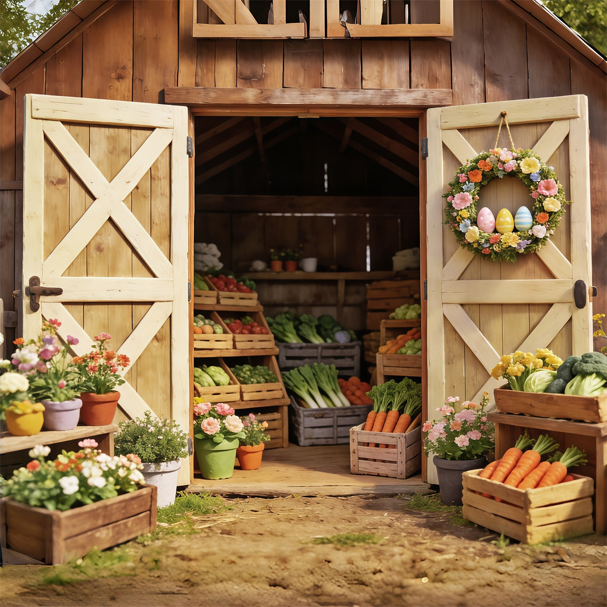 Easter Farm Barn Backdrop Spring Vegetables Flower Crates Easter Backdrop For Photography CSH63-24