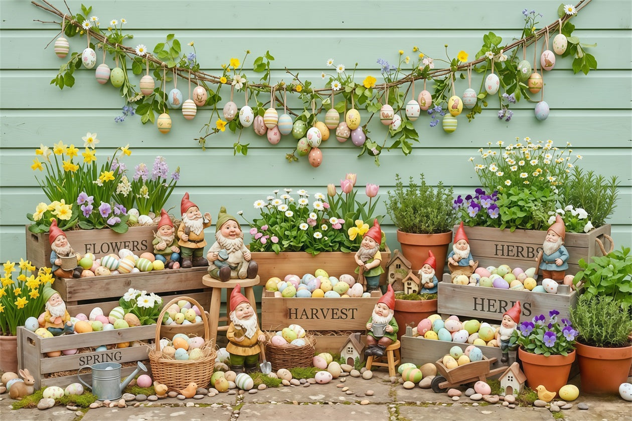 Easter Spring Backdrop Garden Gnomes Painted Eggs Crates Backdrops For Easter Pictures CSH63-25