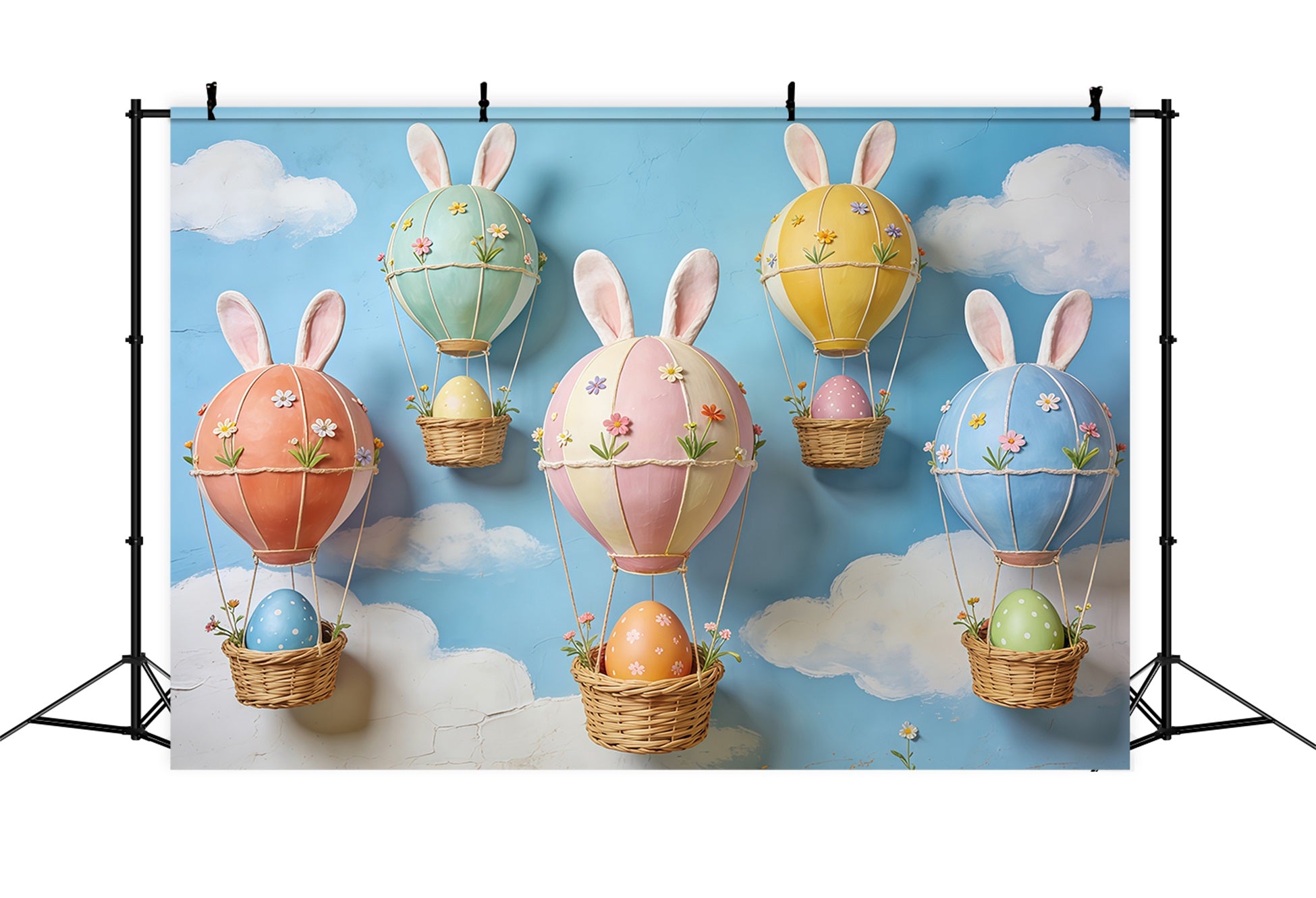 Easter Blue Sky Backdrop Bunny Ear Hot Air Egg Balloons Backdrop For Easter Pictures CSH63-26