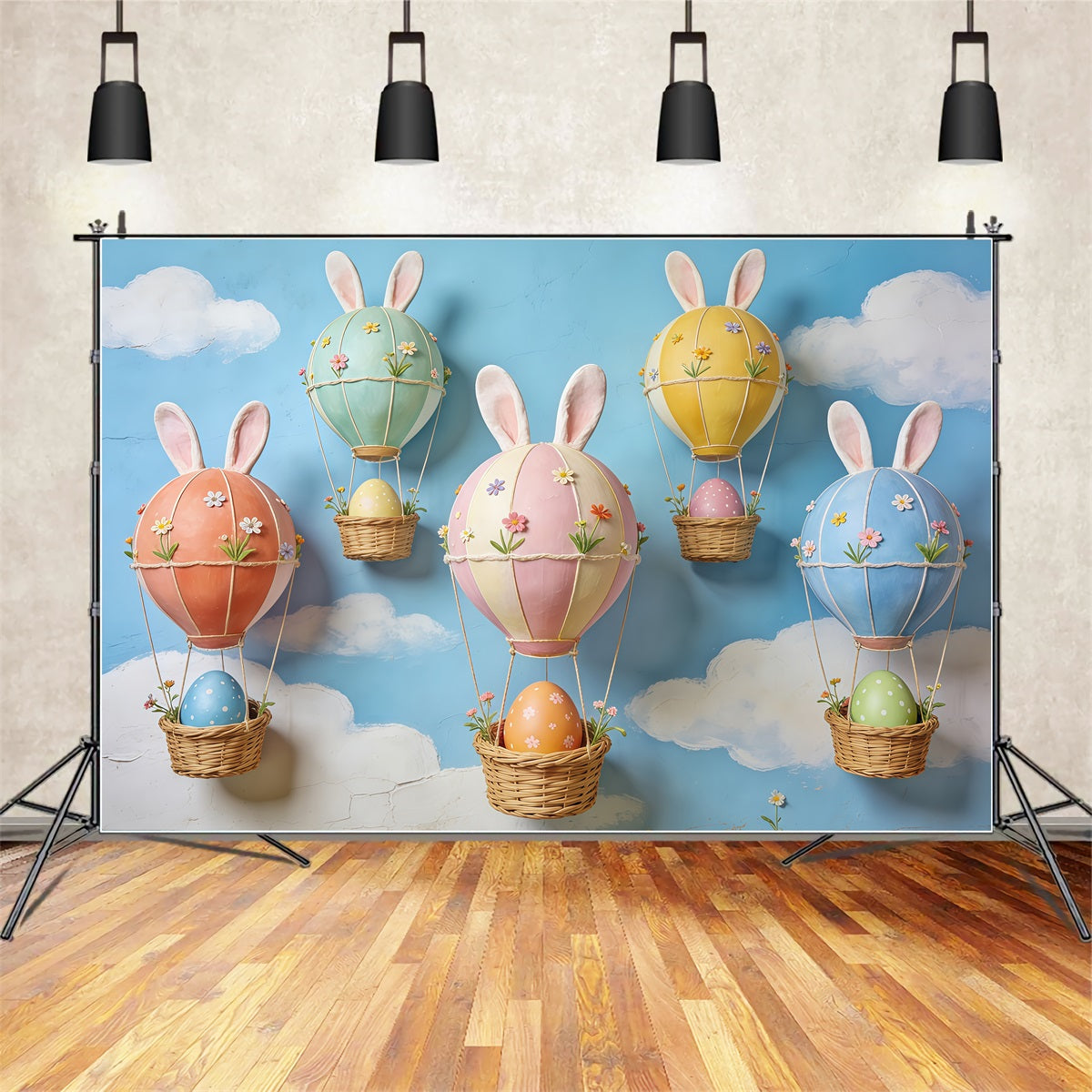 Easter Blue Sky Backdrop Bunny Ear Hot Air Egg Balloons Backdrop For Easter Pictures CSH63-26
