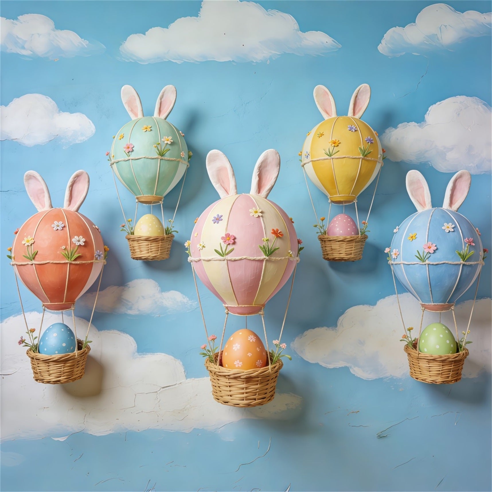 Easter Blue Sky Backdrop Bunny Ear Hot Air Egg Balloons Backdrop For Easter Pictures CSH63-26