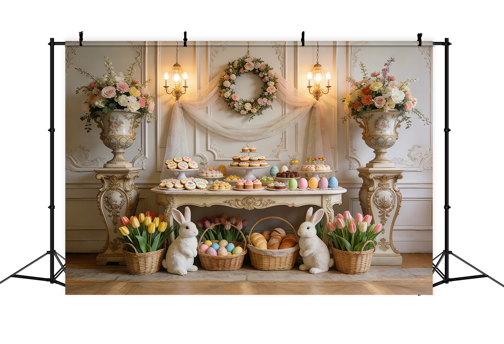 Easter Dessert Table Backdrop Elegant Tulip Floral Bunny Baskets Outdoor Easter Backdrop CSH63-27