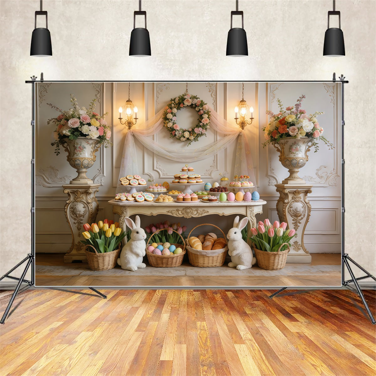 Easter Dessert Table Backdrop Elegant Tulip Floral Bunny Baskets Outdoor Easter Backdrop CSH63-27