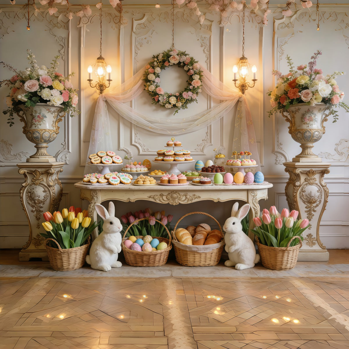 Easter Dessert Table Backdrop Elegant Tulip Floral Bunny Baskets Outdoor Easter Backdrop CSH63-27